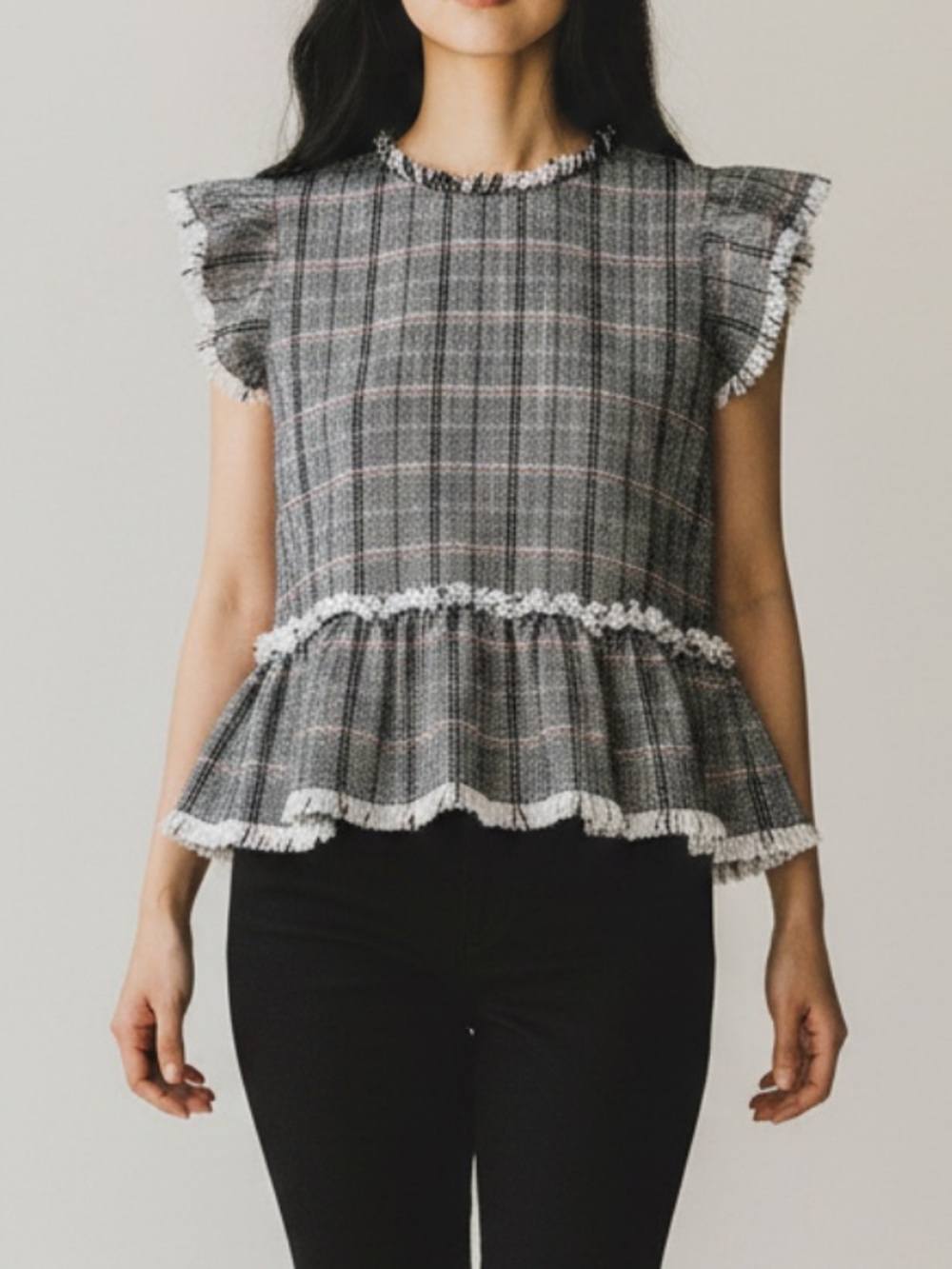THML Gray Fringe Babydoll Flutter Sleeve Tweed Coquette Chic Blouse Size S